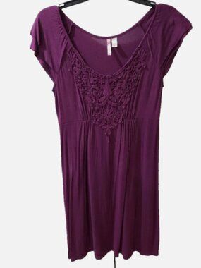 Degrees Maroon Knee Length Dress Battenburg Lace Bodice Elastic Waist SZ M (32")
